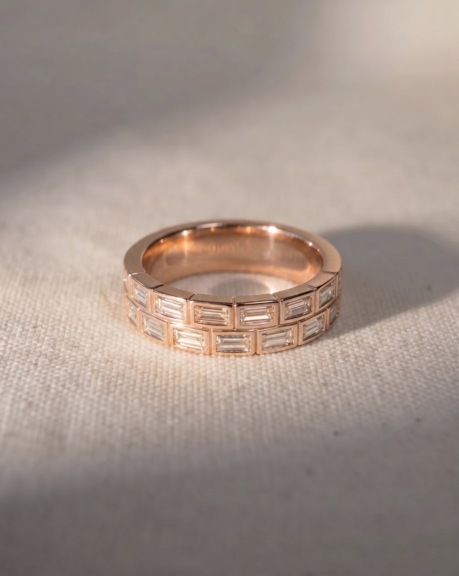 18ct rose gold eternity ring with two rows of baguette diamonds.