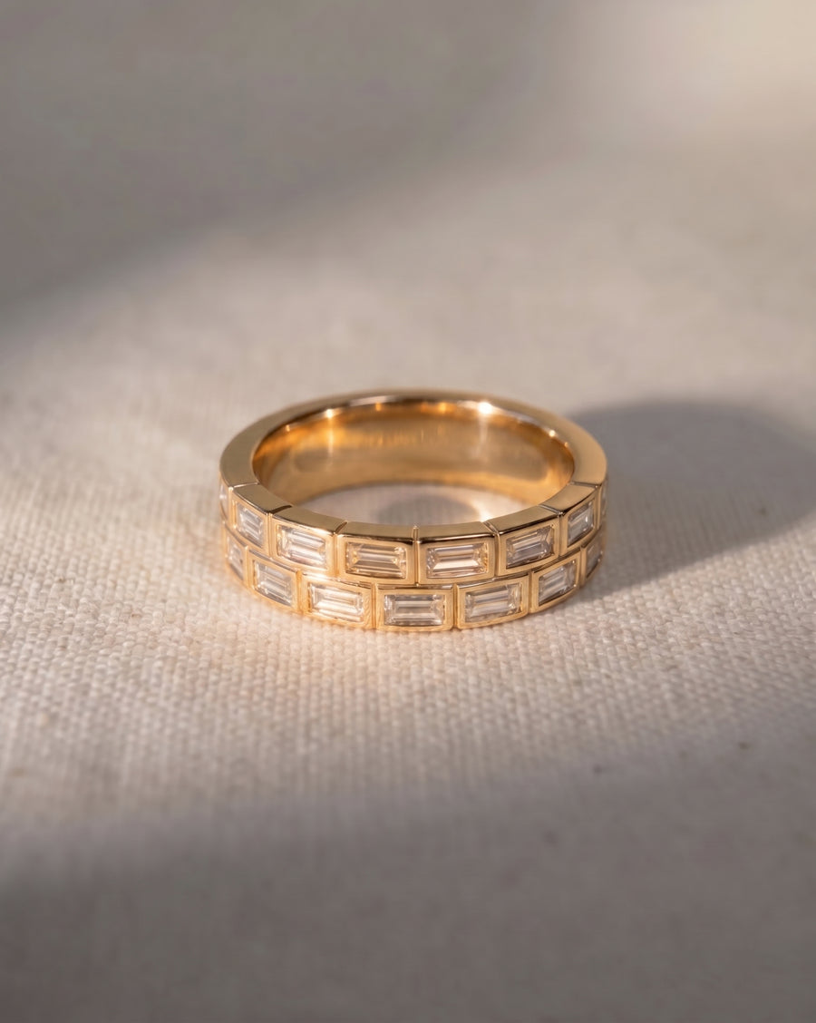 18ct yellow gold eternity ring with two rows of baguette diamonds.