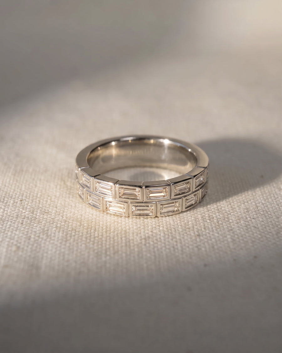 Platinum eternity ring with two rows of baguette diamonds.