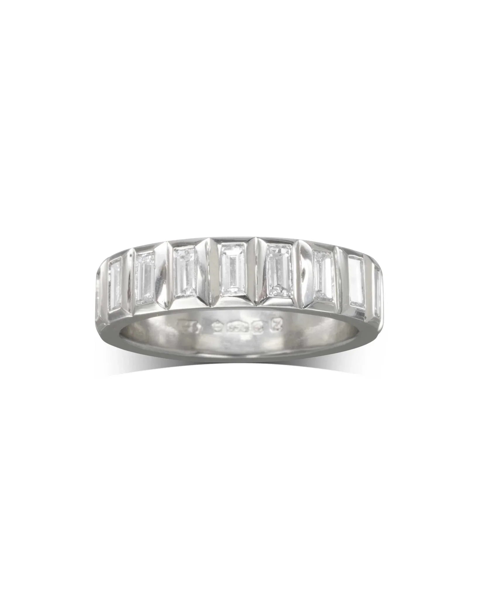 Platinum eternity ring with baguette-cut diamonds set in a full band design