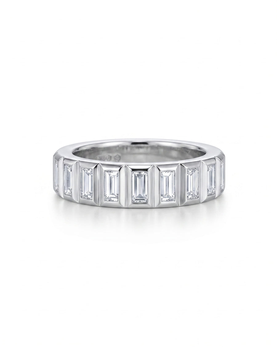 Platinum eternity ring with baguette diamonds.