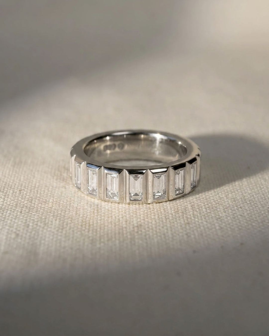 Platinum eternity ring with baguette diamonds.