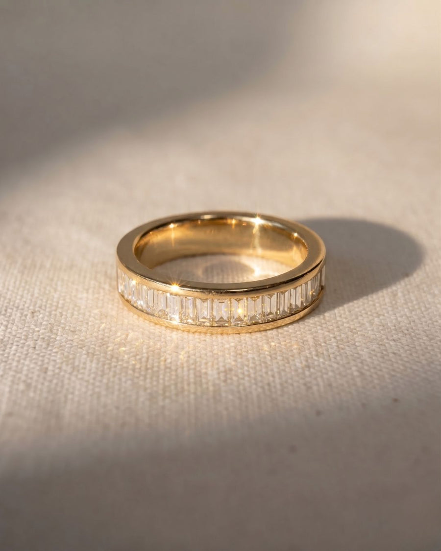 18ct yellow gold full eternity ring with baguette diamonds.