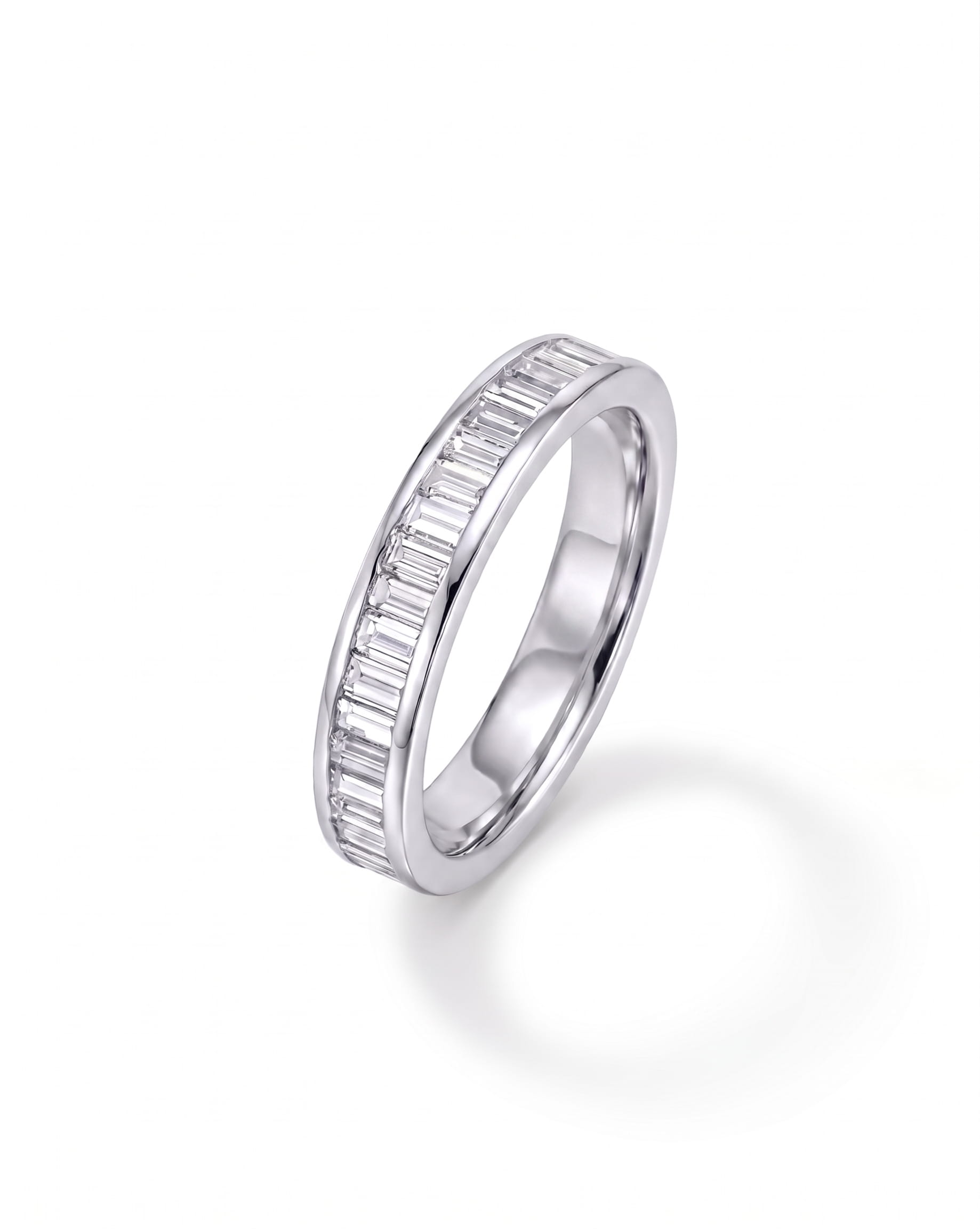 Platinum ring with baguette diamonds in a channel setting.