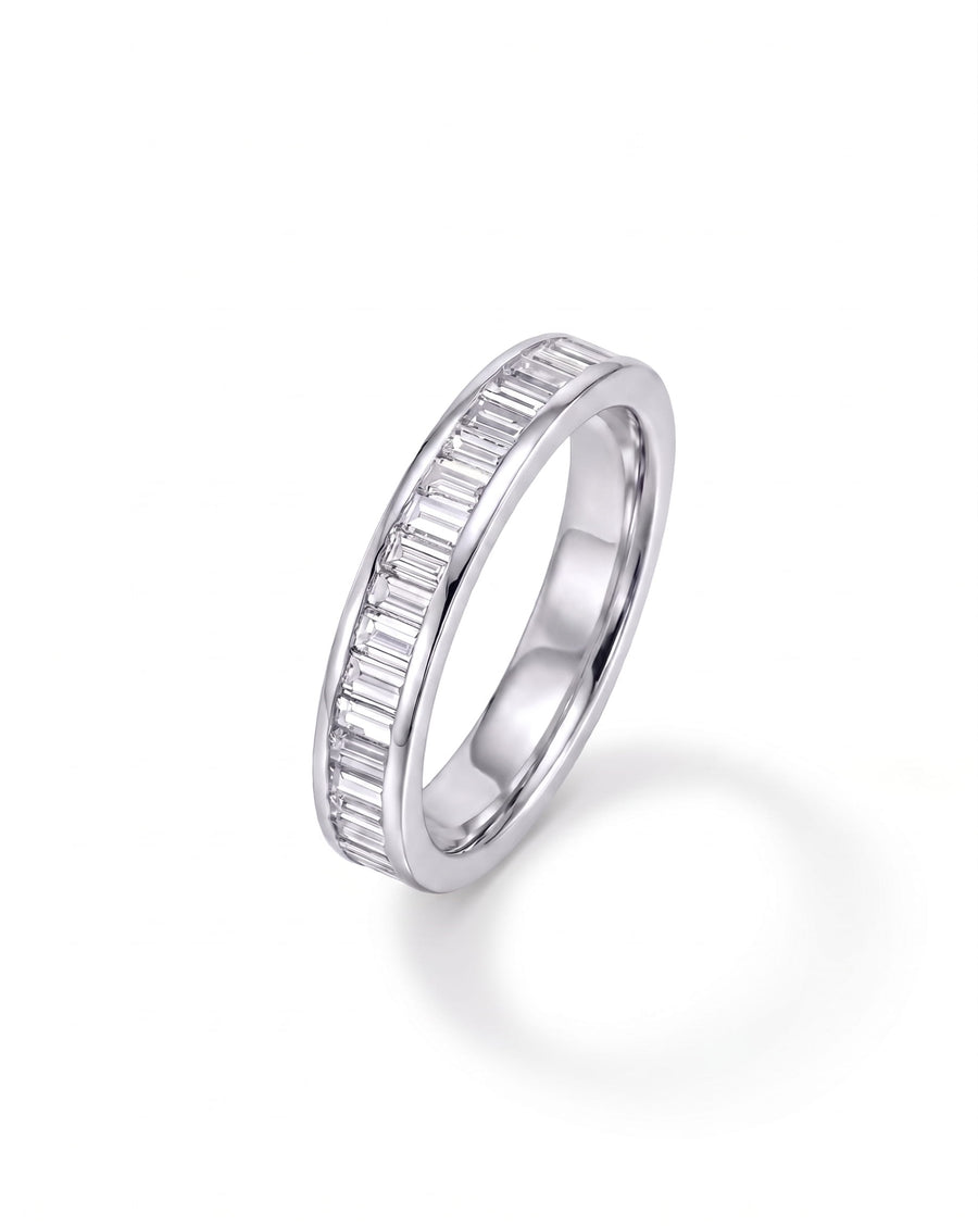 Platinum ring with baguette diamonds in a channel setting.