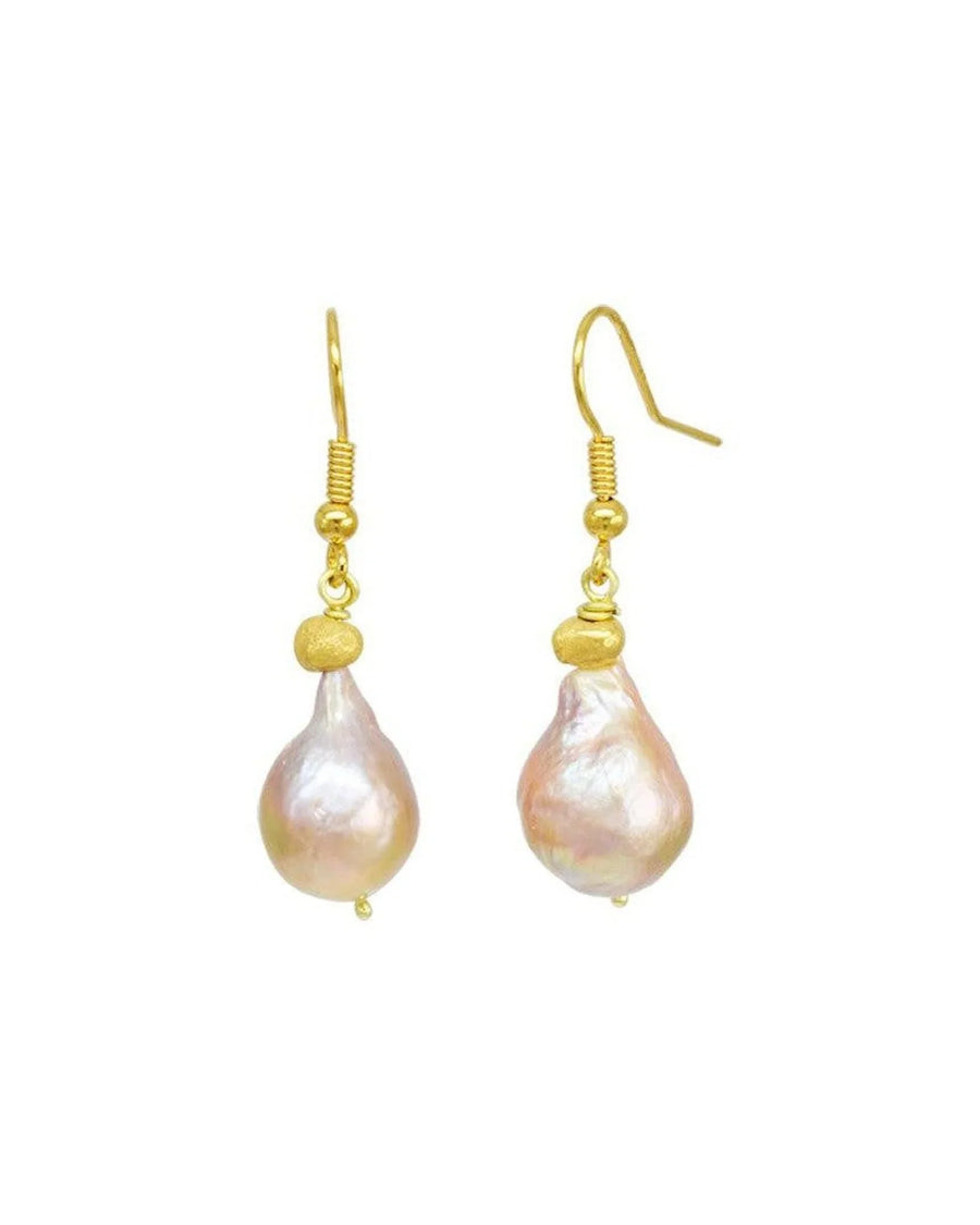 Pink baroque pearl drop earrings with 9ct yellow gold hooks and textured gold bead accents.