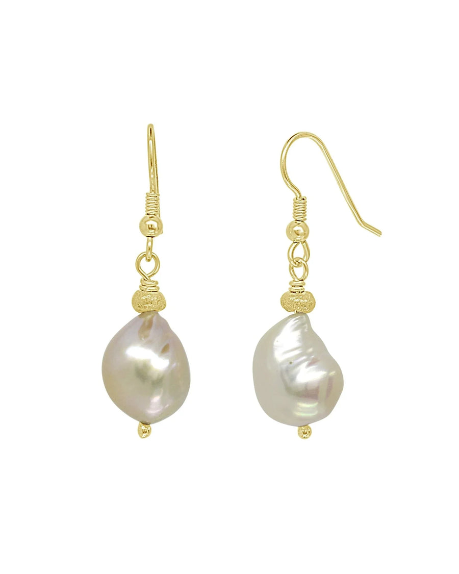 Baroque pearl drop earrings featuring white pearls suspended from 9ct yellow gold hooks and textured gold beads.