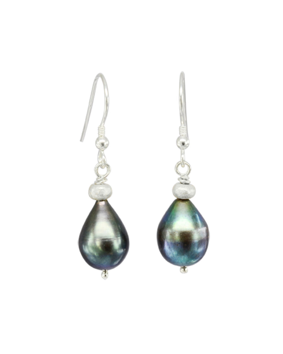 Black baroque pearl drop earrings with silver hooks and small silver accent beads.