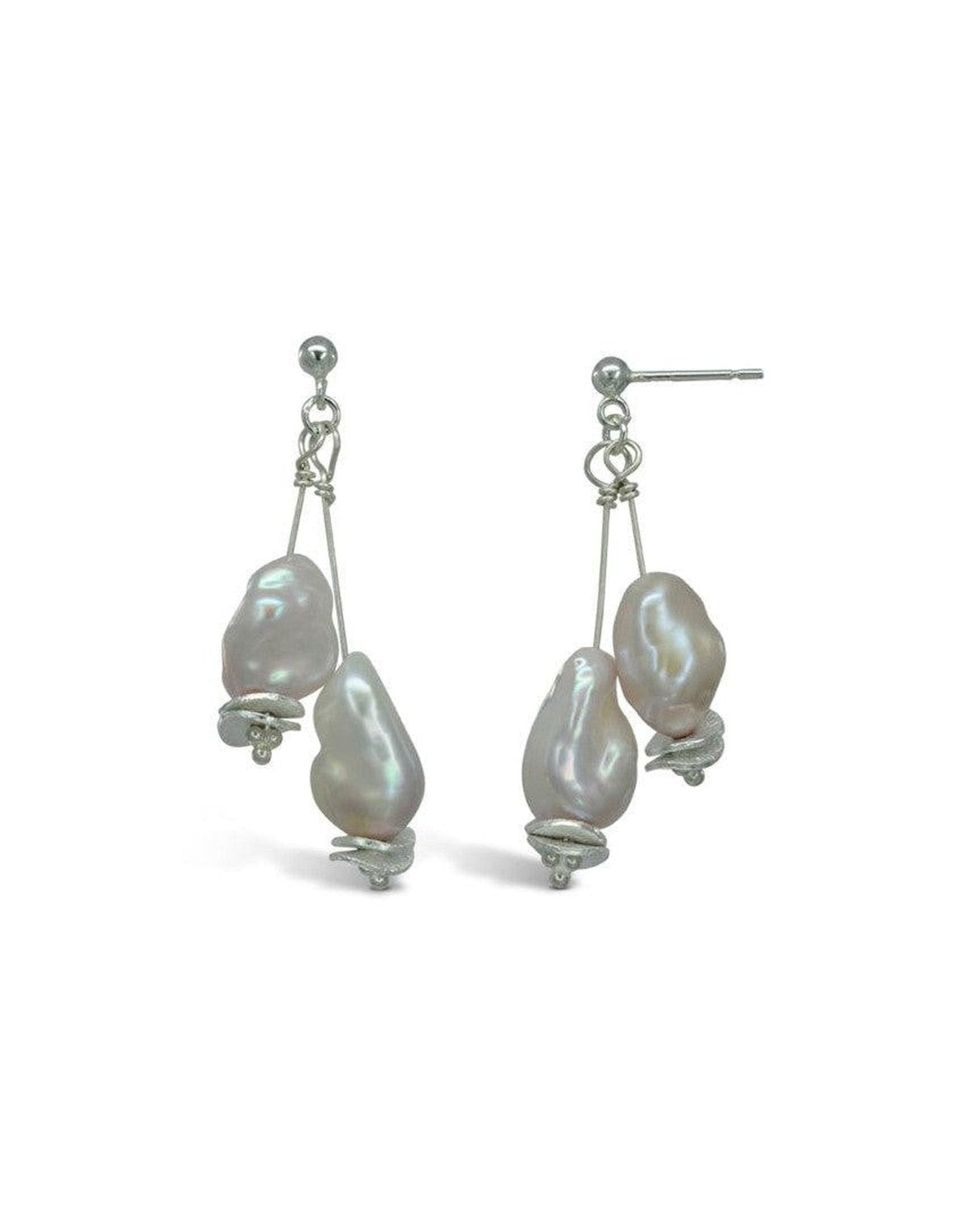Baroque Pearl Silver Disc Dangly Earrings Earrings Pruden and Smith