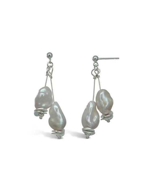 Baroque Pearl Silver Disc Dangly Earrings Earrings Pruden and Smith