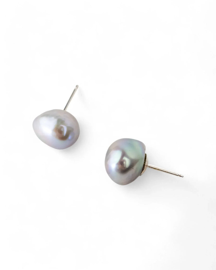 Silver stud earrings with two grey baroque pearls.