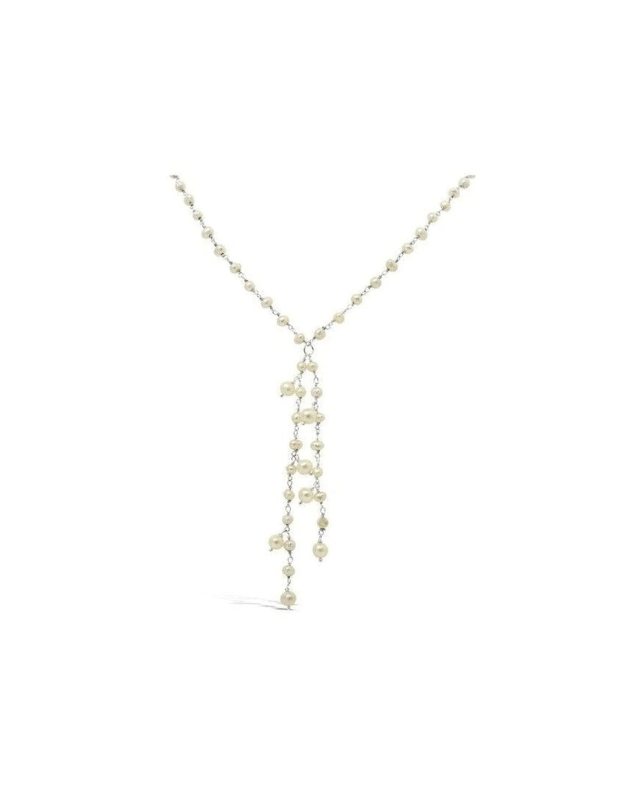 Beaded pearl necklace with silver tassel, unique handmade jewellery on white background