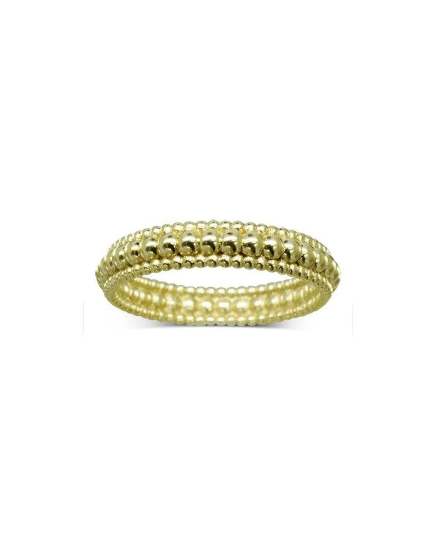 Three-row beaded yellow gold ring with a textured, handcrafted design