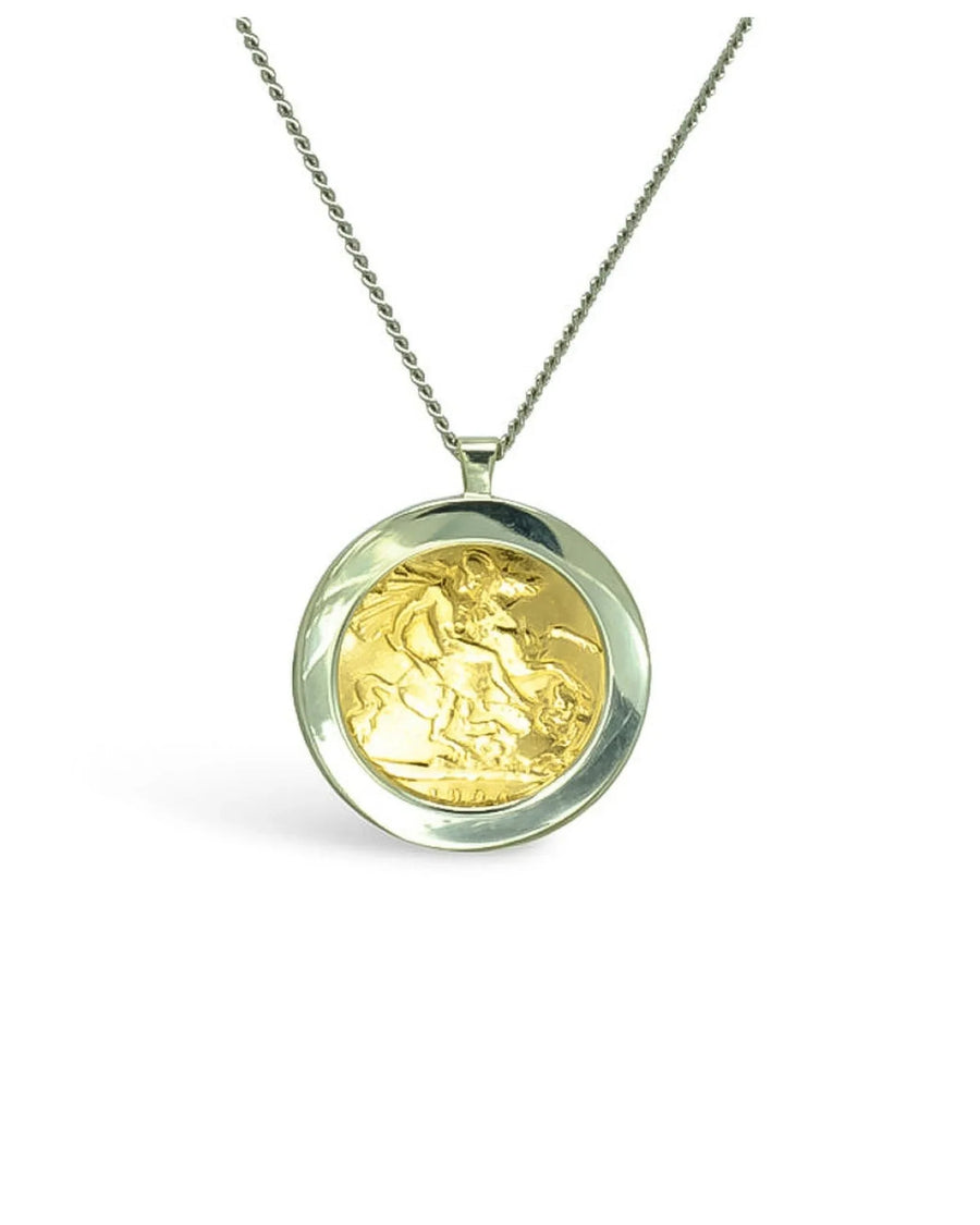 Chunky white gold pendant with a mounted gold sovereign coin on a chain