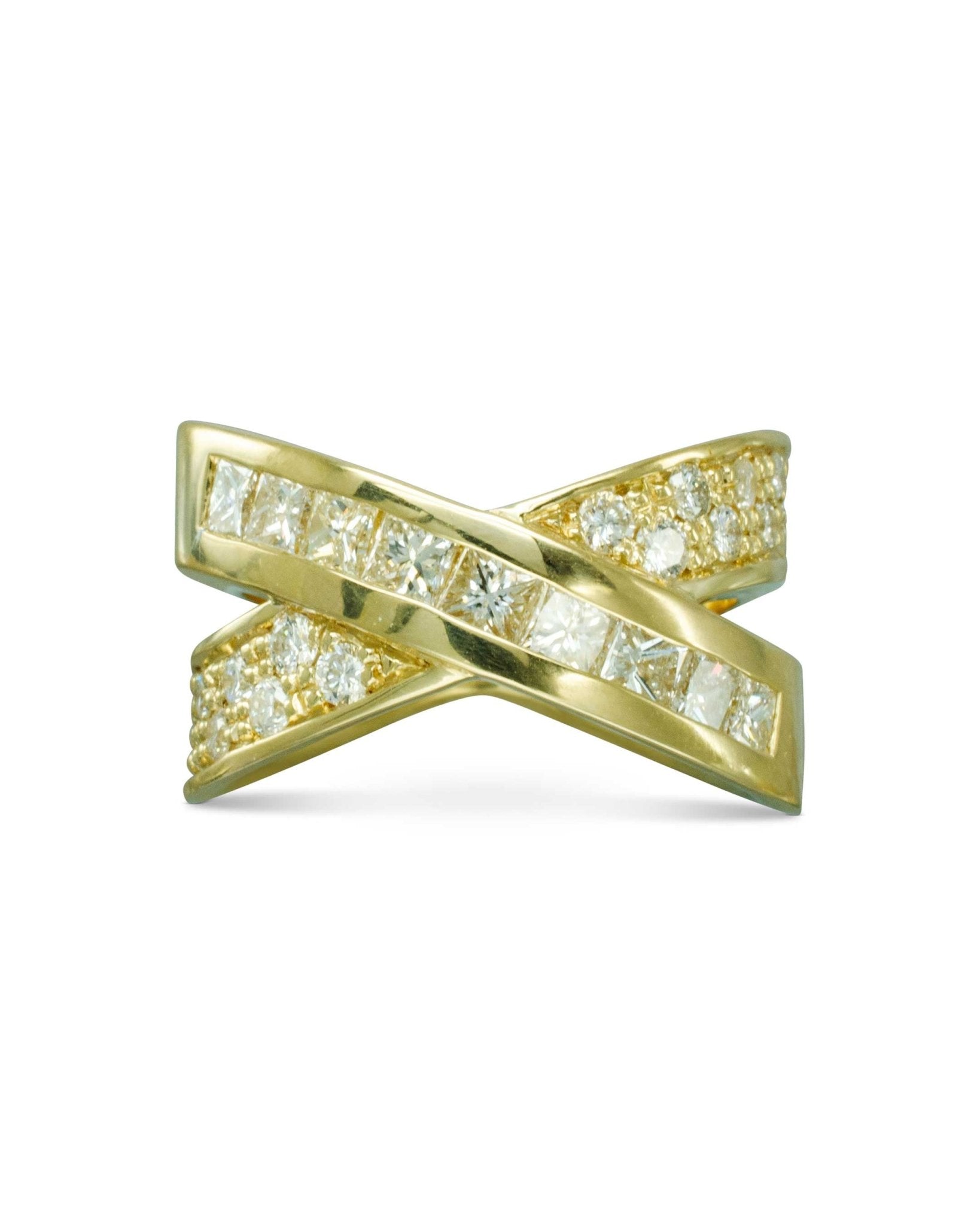 Bespoke Crossover Gold Diamond Ring Ring Pruden and Smith