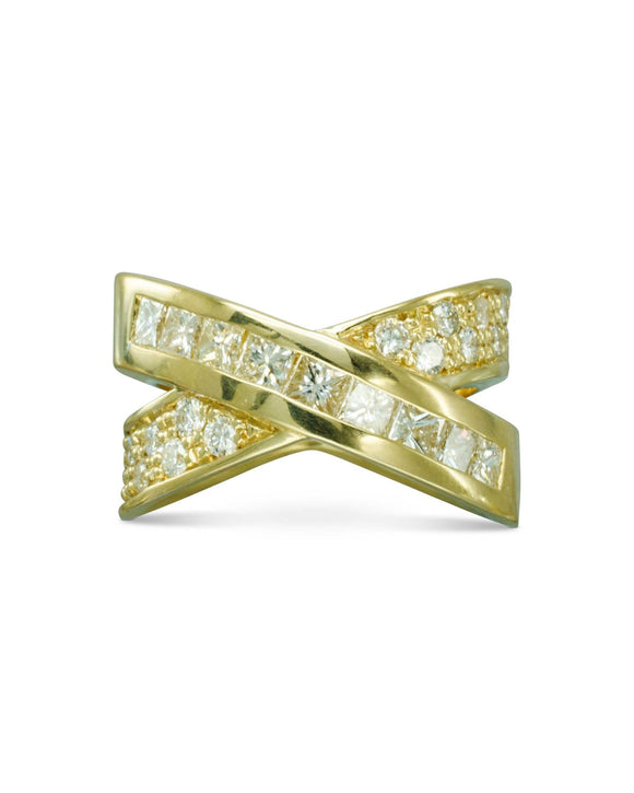 Bespoke Crossover Gold Diamond Ring Ring Pruden and Smith