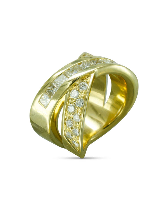 Bespoke Crossover Gold Diamond Ring Ring Pruden and Smith