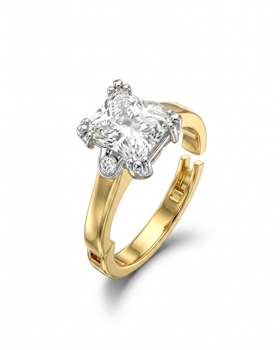 Yellow gold hinged engagement ring with a princess-cut diamond.