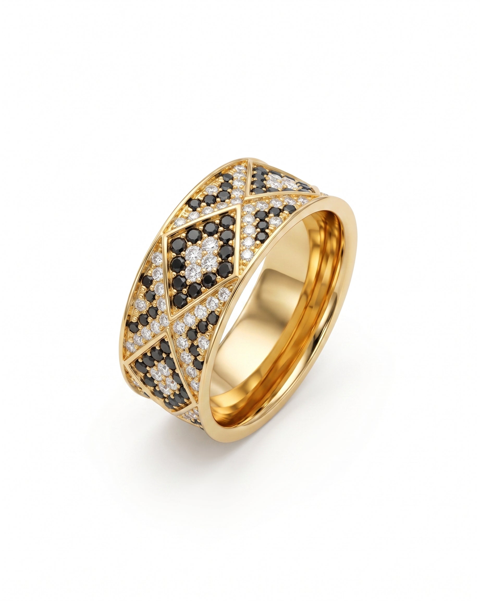 Gold eternity ring with black and white diamonds in a geometric pattern.