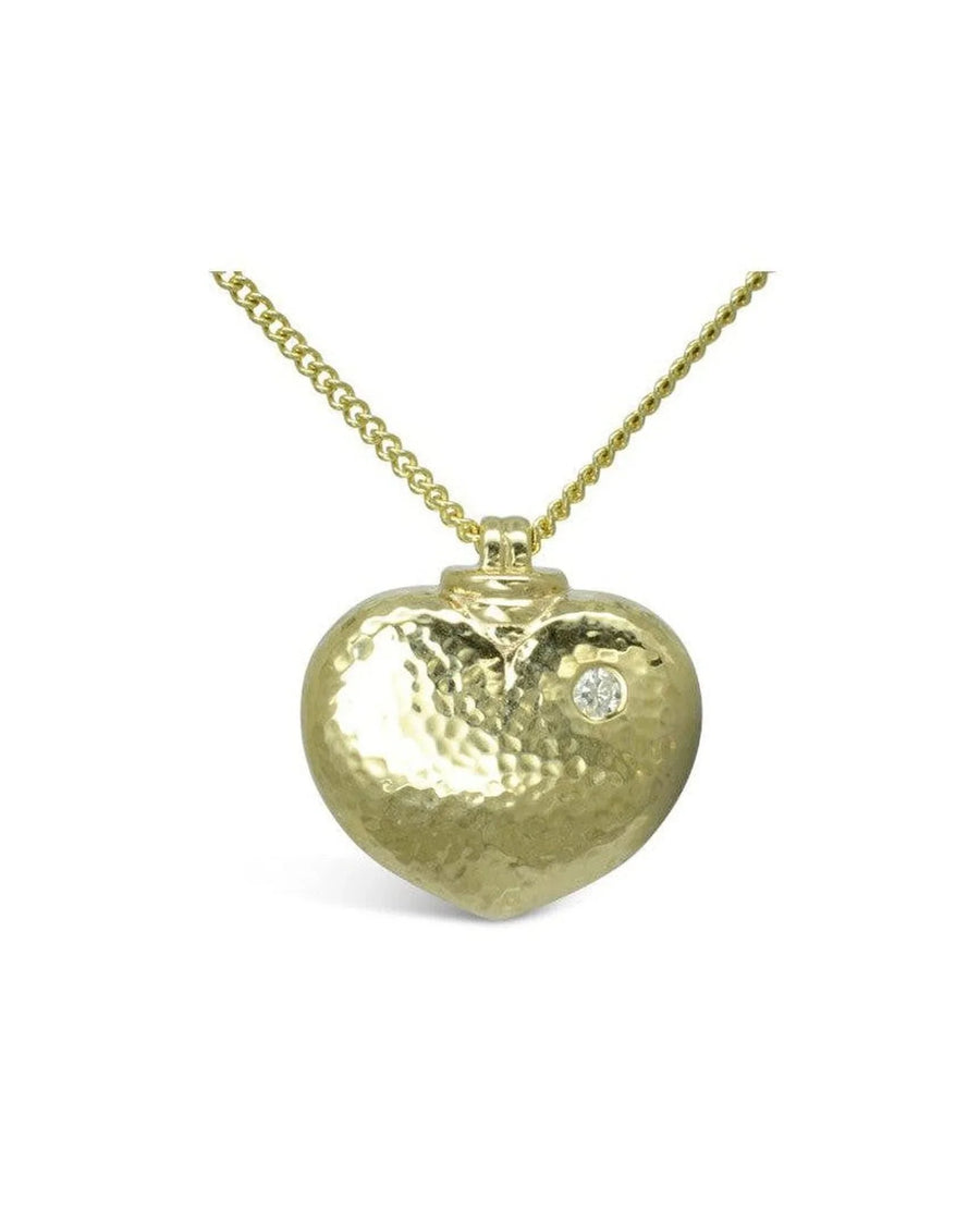 Hammered yellow gold heart pendant with diamond on chain, memorial jewelry