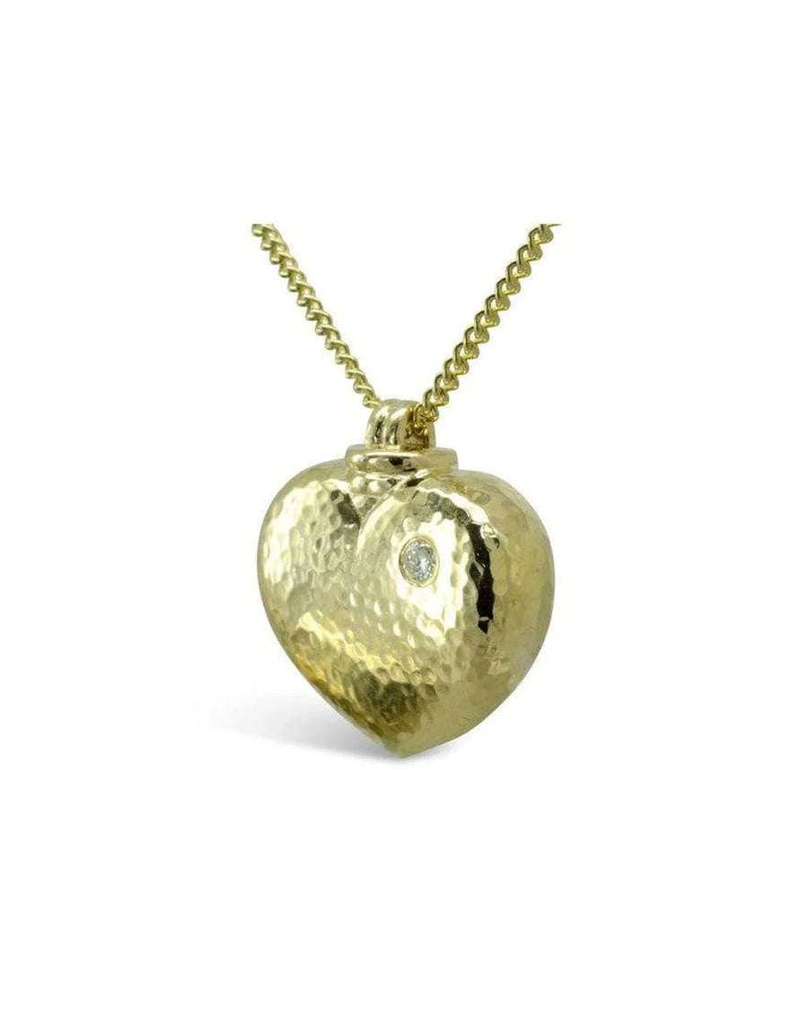 Hammered yellow gold heart pendant with diamond on gold chain, luxury memorial jewellery