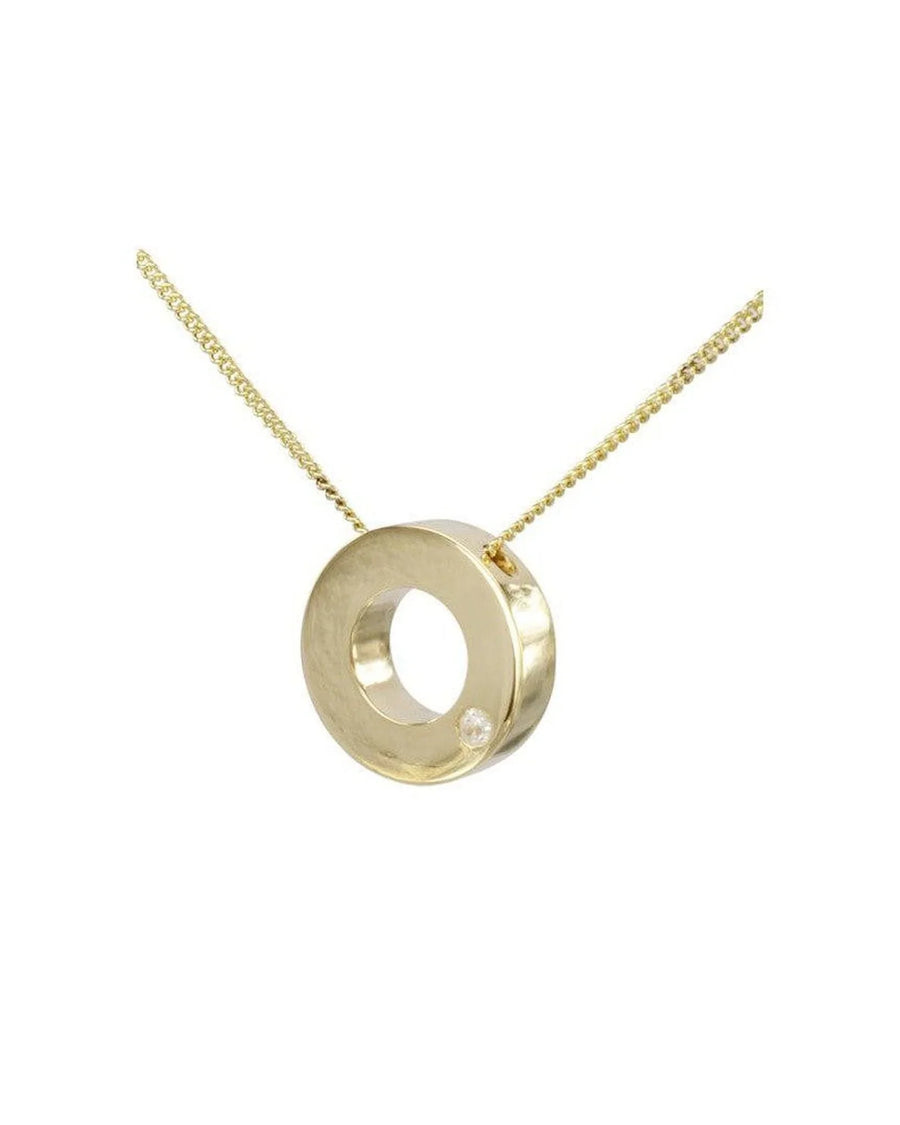 9ct gold circular pendant necklace with a single diamond accent on fine chain