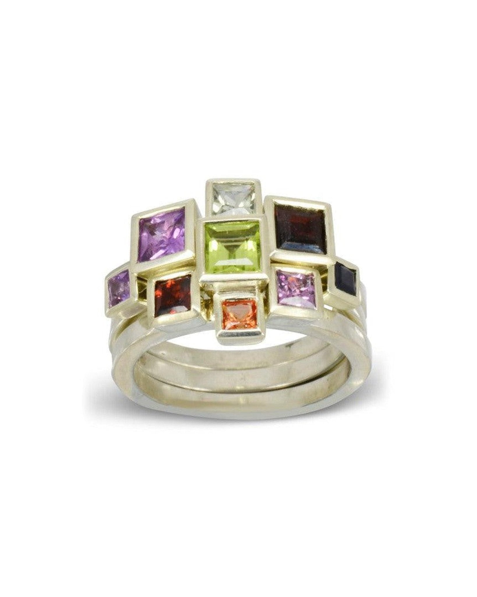 Bespoke Princess Cut Gemstone White Gold Stacking Ring Set Ring Pruden and Smith