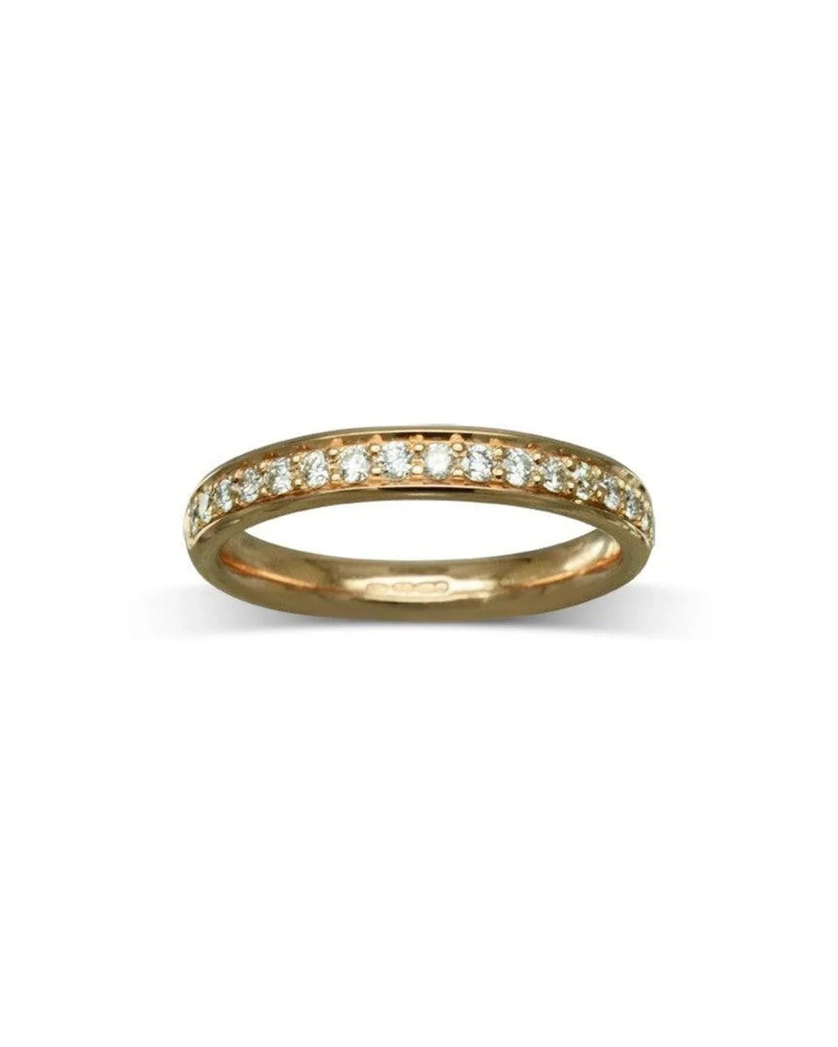 Rose gold diamond wedding ring with pavé set diamonds, elegant and handmade