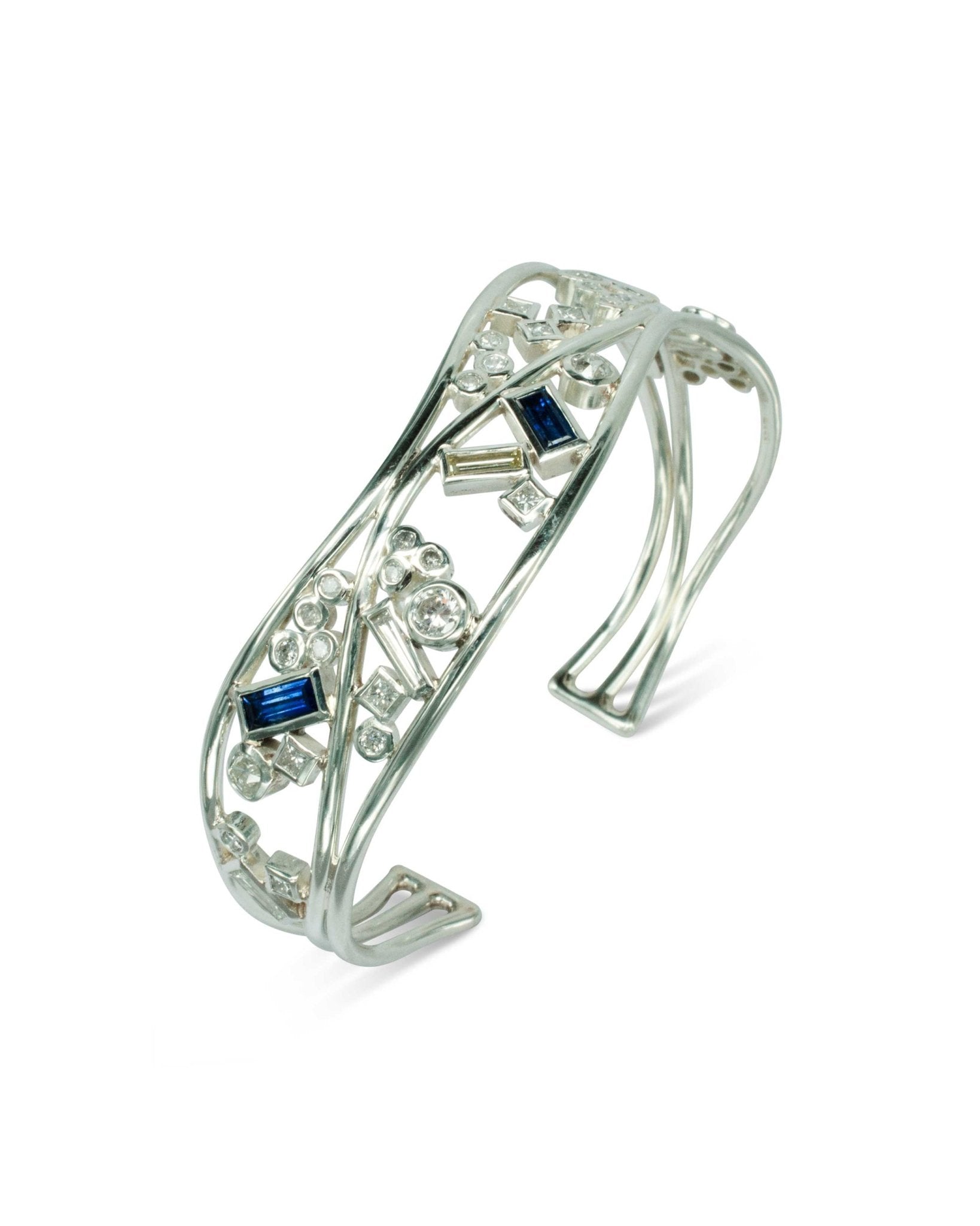 Bespoke Sapphire and Diamond Baguette Cuff Bangle Bangle Pruden and Smith