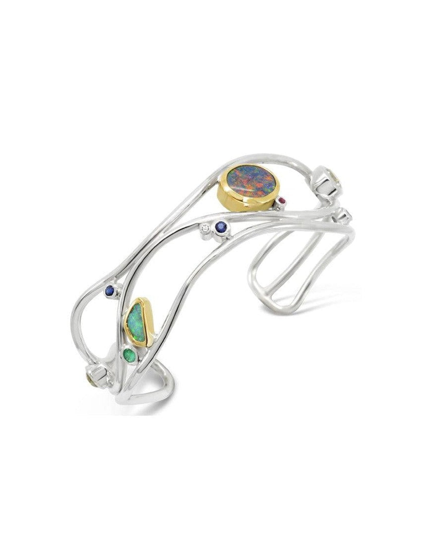 Bespoke Silver and 18ct Gold Bangle with Opals and Diamonds Bangle Pruden and Smith