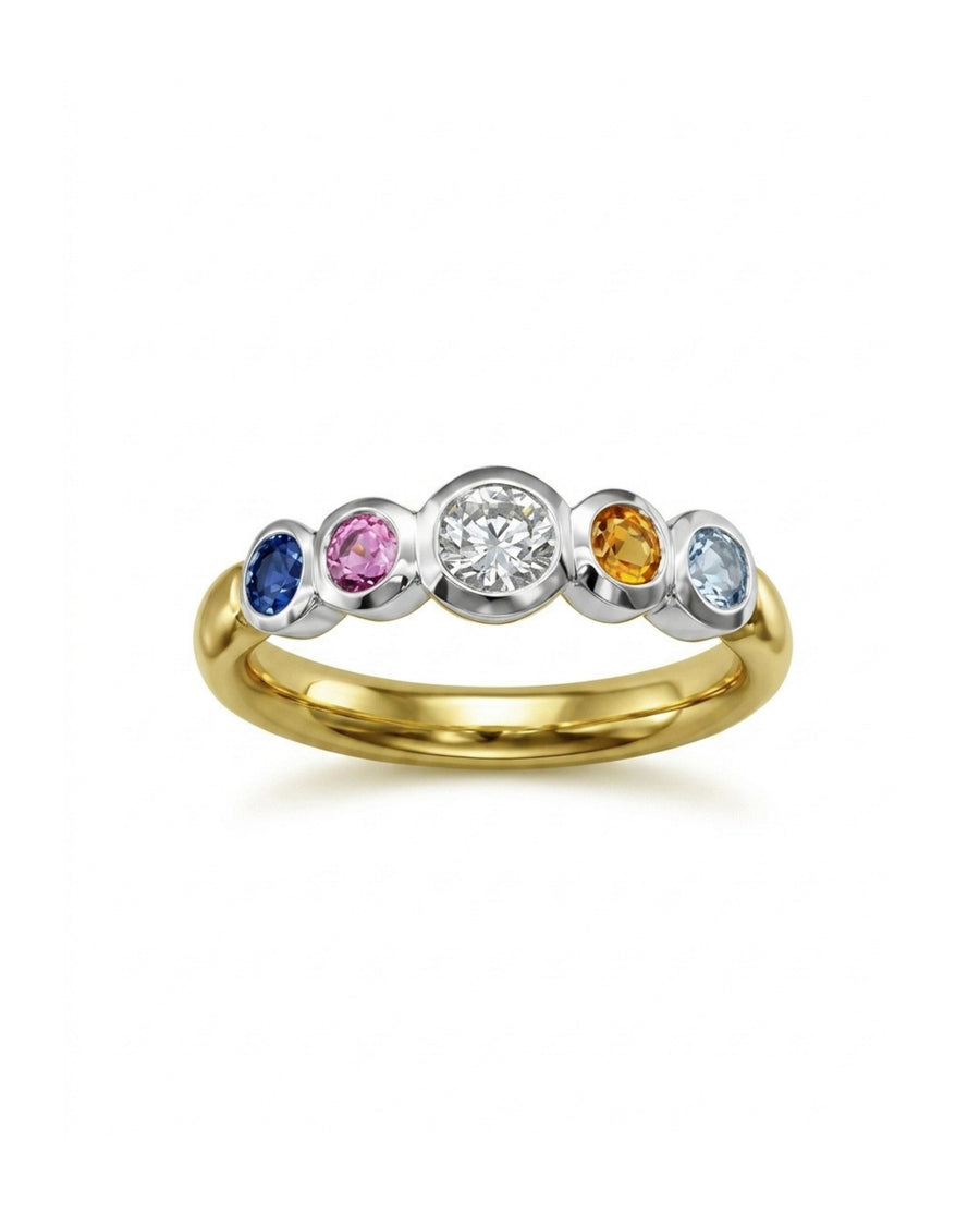 Gold and silver eternity ring with five bezel-set, round, multi-colored birthstones.