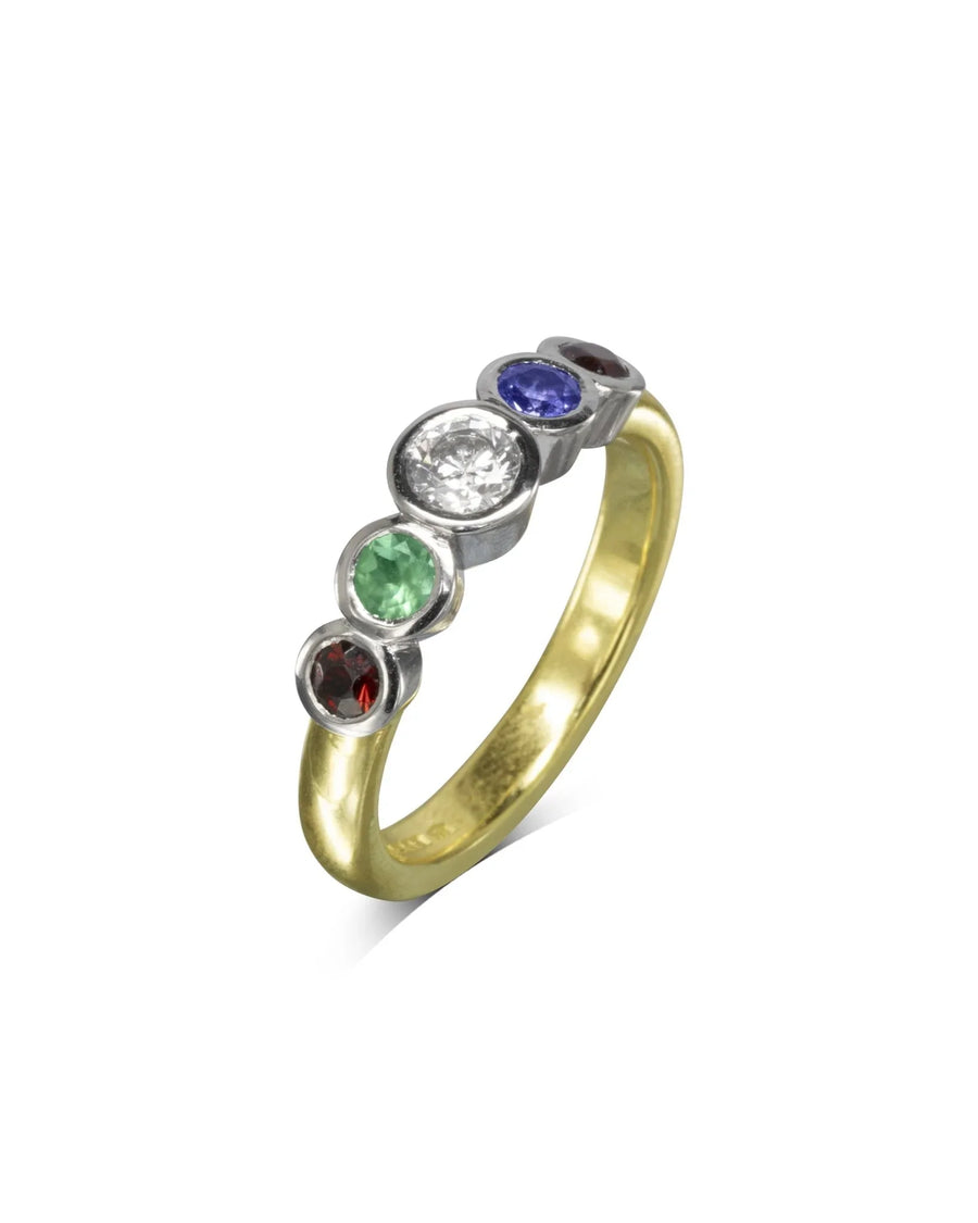 Gold and silver eternity ring with five round, bezel-set birthstones.