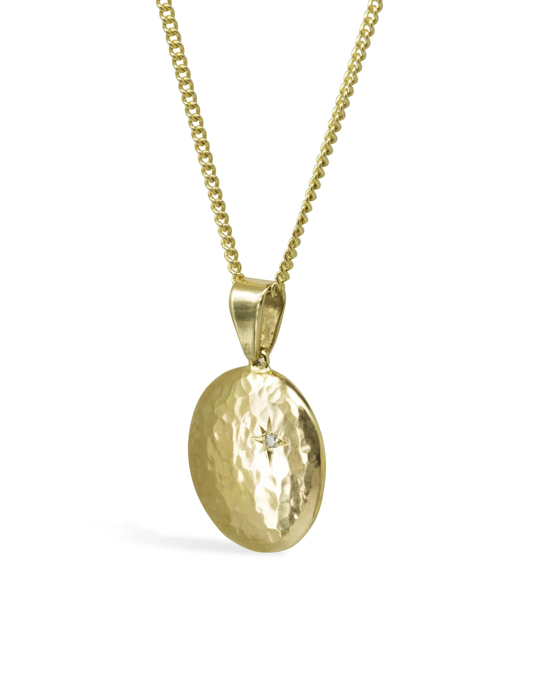 Hammered gold disc pendant necklace with diamond star engraving, handmade luxury jewellery