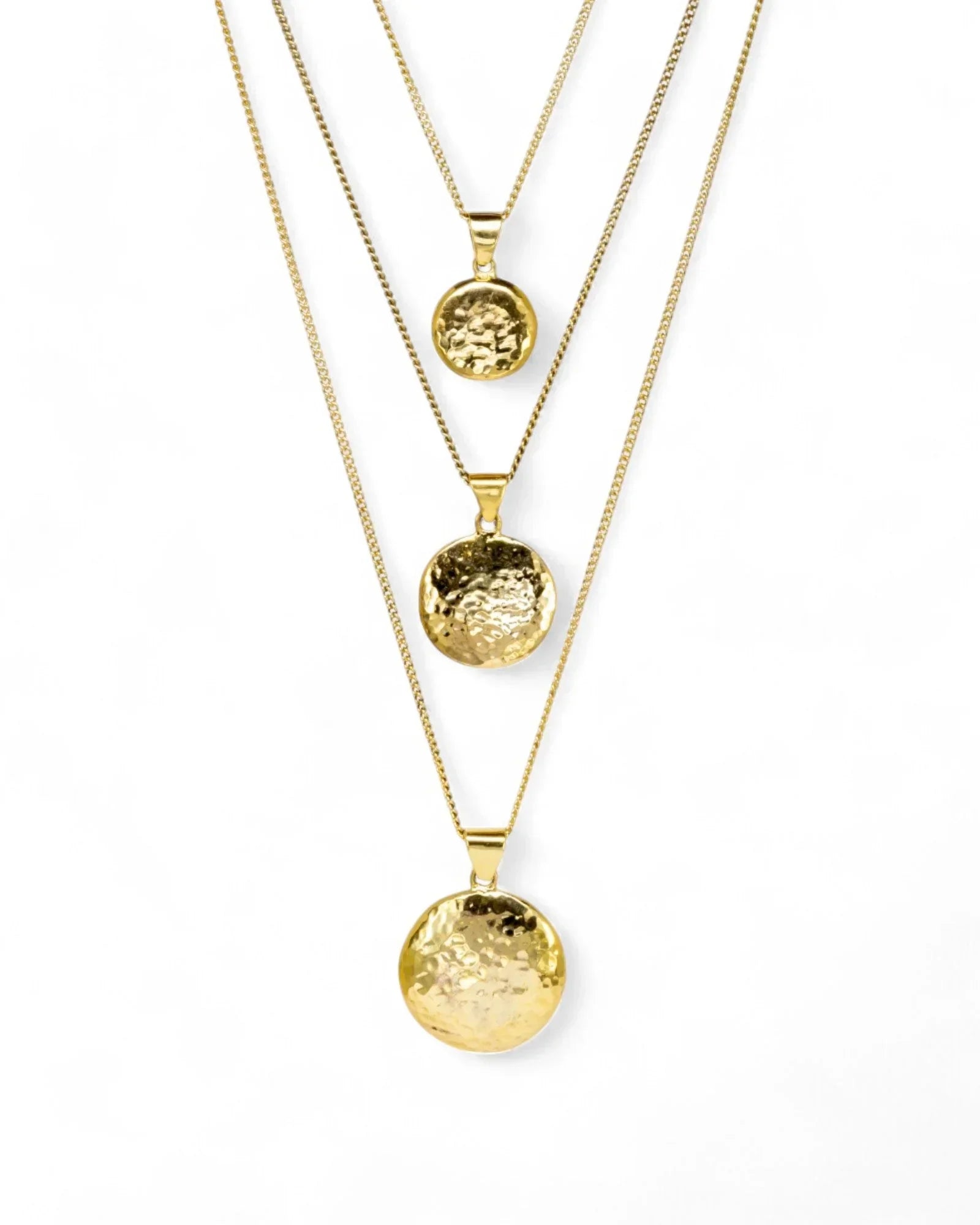 Three hammered solid 9ct yellow gold coin pendants on fine gold chains