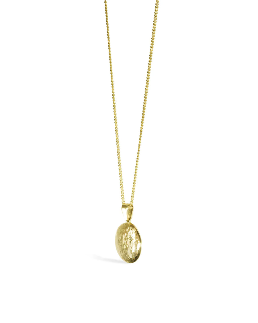 Gold disc pendant necklace with diamond star engraving, handmade UK luxury jewellery
