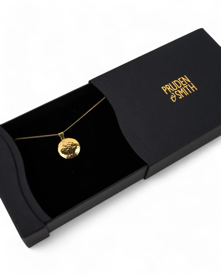 Hammered solid 9ct yellow gold coin pendant necklace in a black presentation box