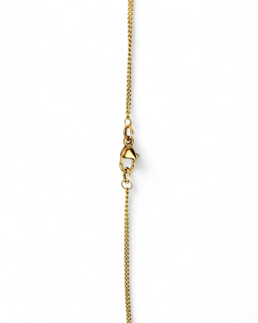 Close-up of a gold chain necklace with a lobster clasp on a white background
