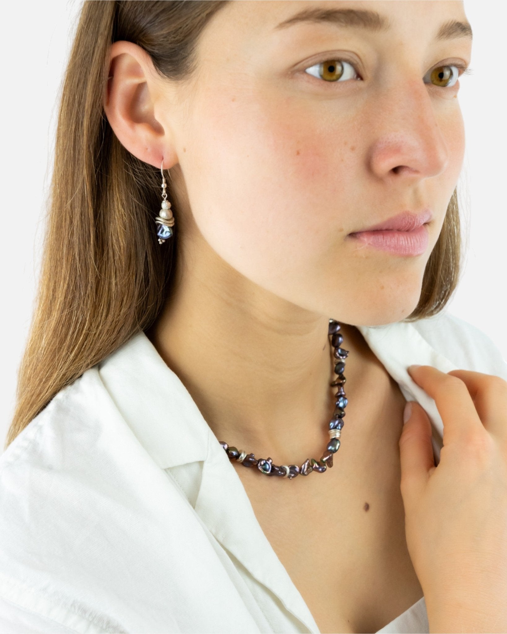 Black Keshi Pearl Silver Dangly Earrings Earrings Pruden and Smith