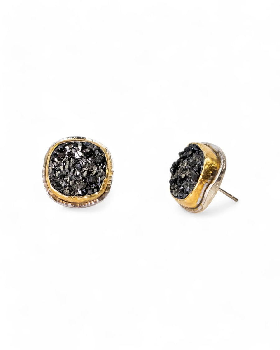 Black onyx druzy stud earrings with gold and silver settings.