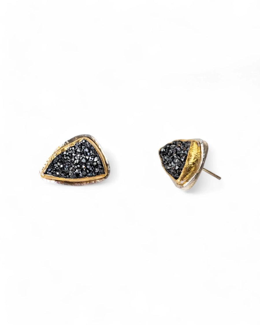 Black onyx druzy stud earrings with gold and silver accents.