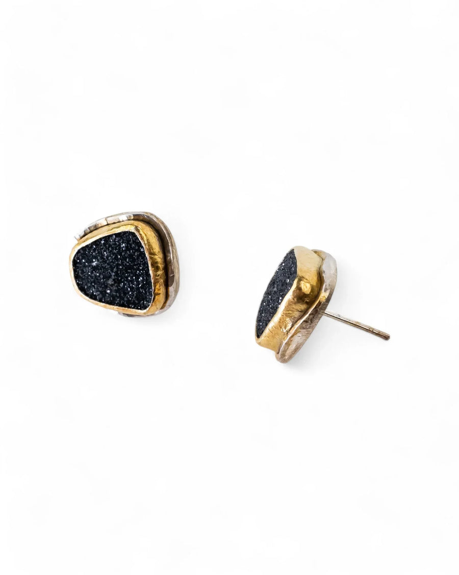 Black onyx druzy stud earrings with gold and silver metal settings.