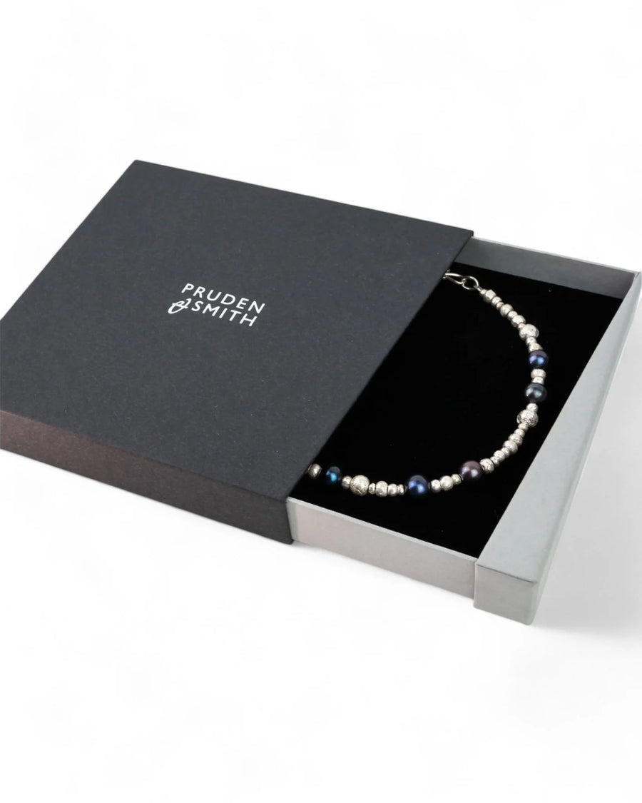 Black pearl and silver nugget necklace in a luxury gift box