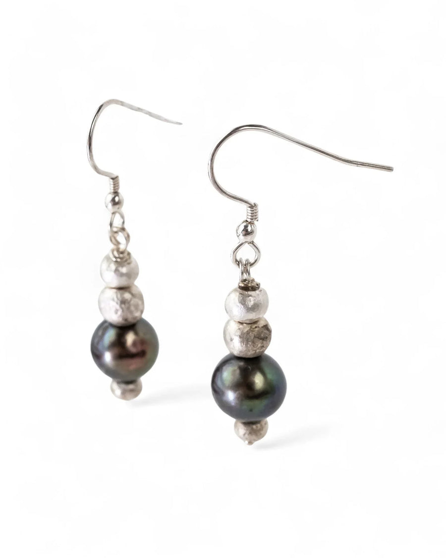 Black Pearl Silver Nugget Dangly Earrings Earrings Pruden and Smith