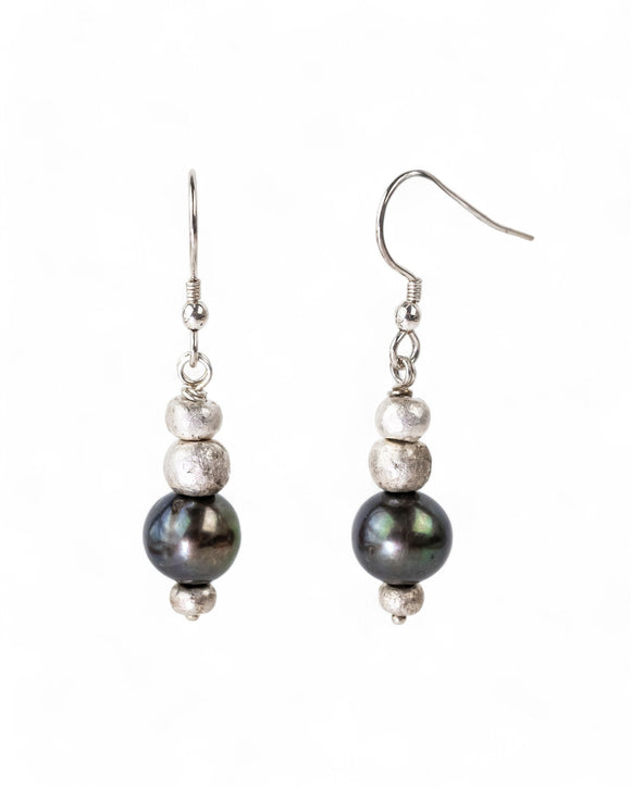 Black Pearl Silver Nugget Dangly Earrings Earrings Pruden and Smith