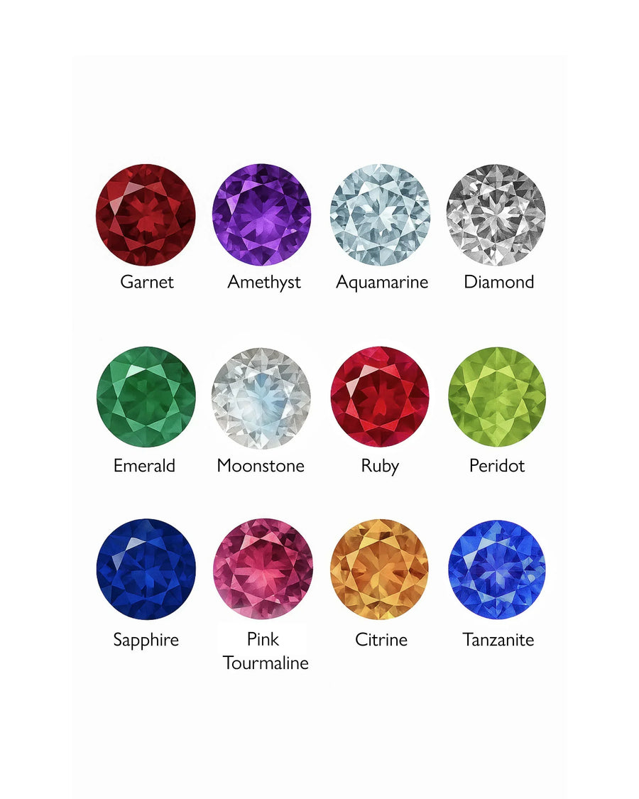 Twelve colorful birthstones including garnet, amethyst, aquamarine, diamond, emerald, ruby, sapphire, peridot, moonstone, pink tourmaline, citrine, and tanzanite set against a white background, ideal for bespoke jewellery design.
