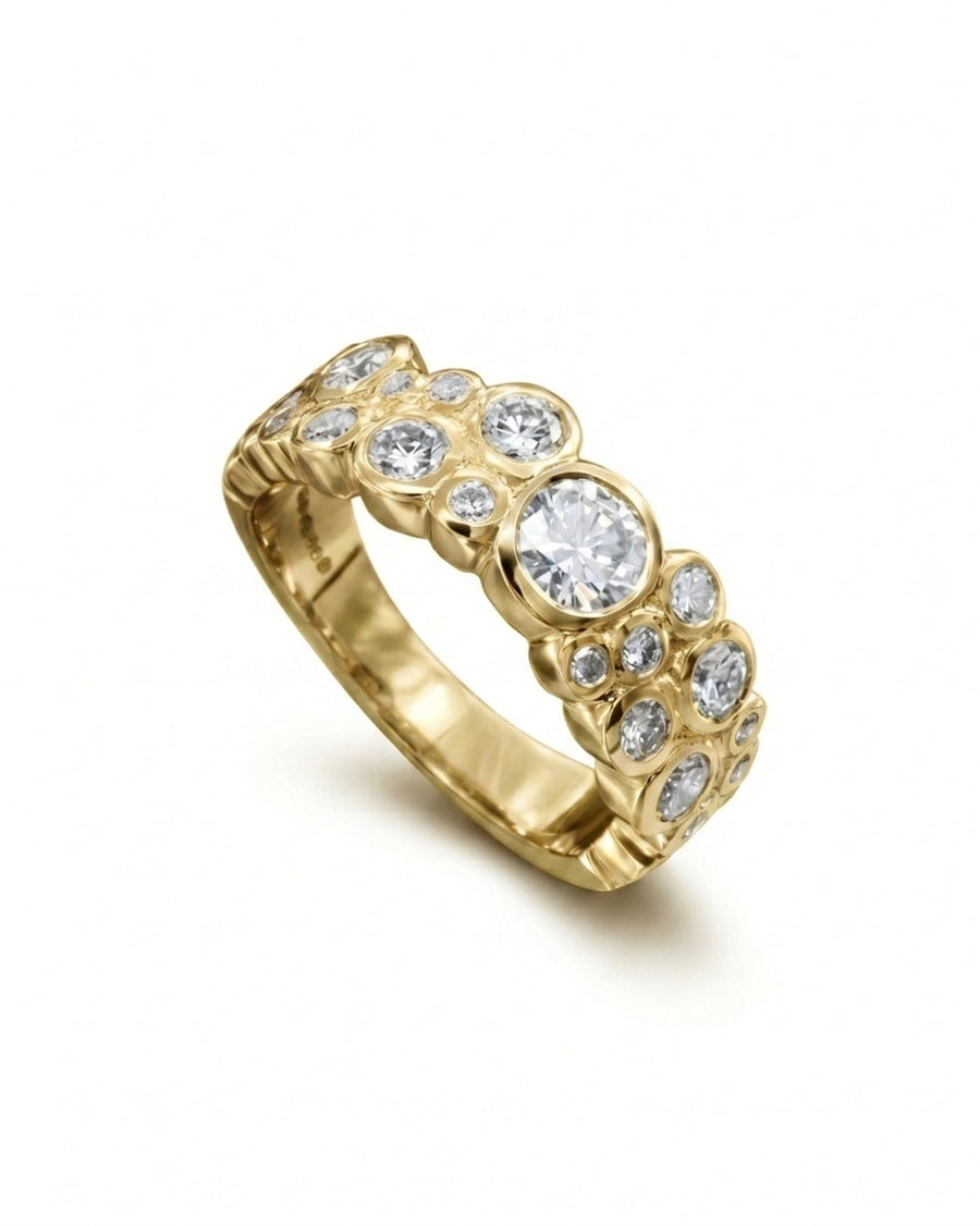 18ct yellow gold eternity ring with round laboratory grown diamonds in a bubble design.