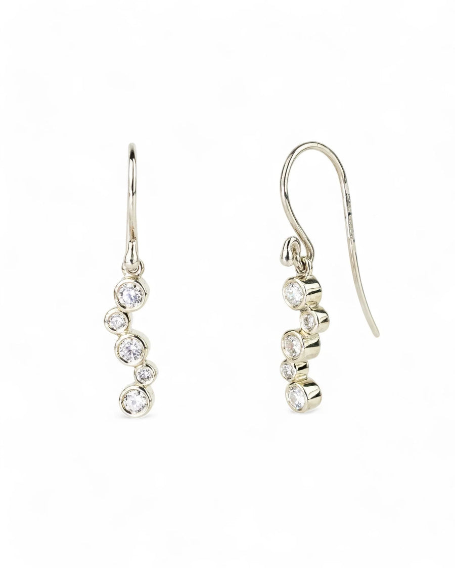 9ct white gold drop earrings with five round diamonds in a bubble design.