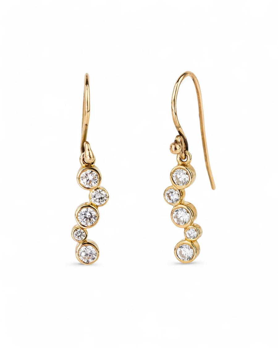 9ct yellow gold drop earrings with five round diamonds in a curved design.