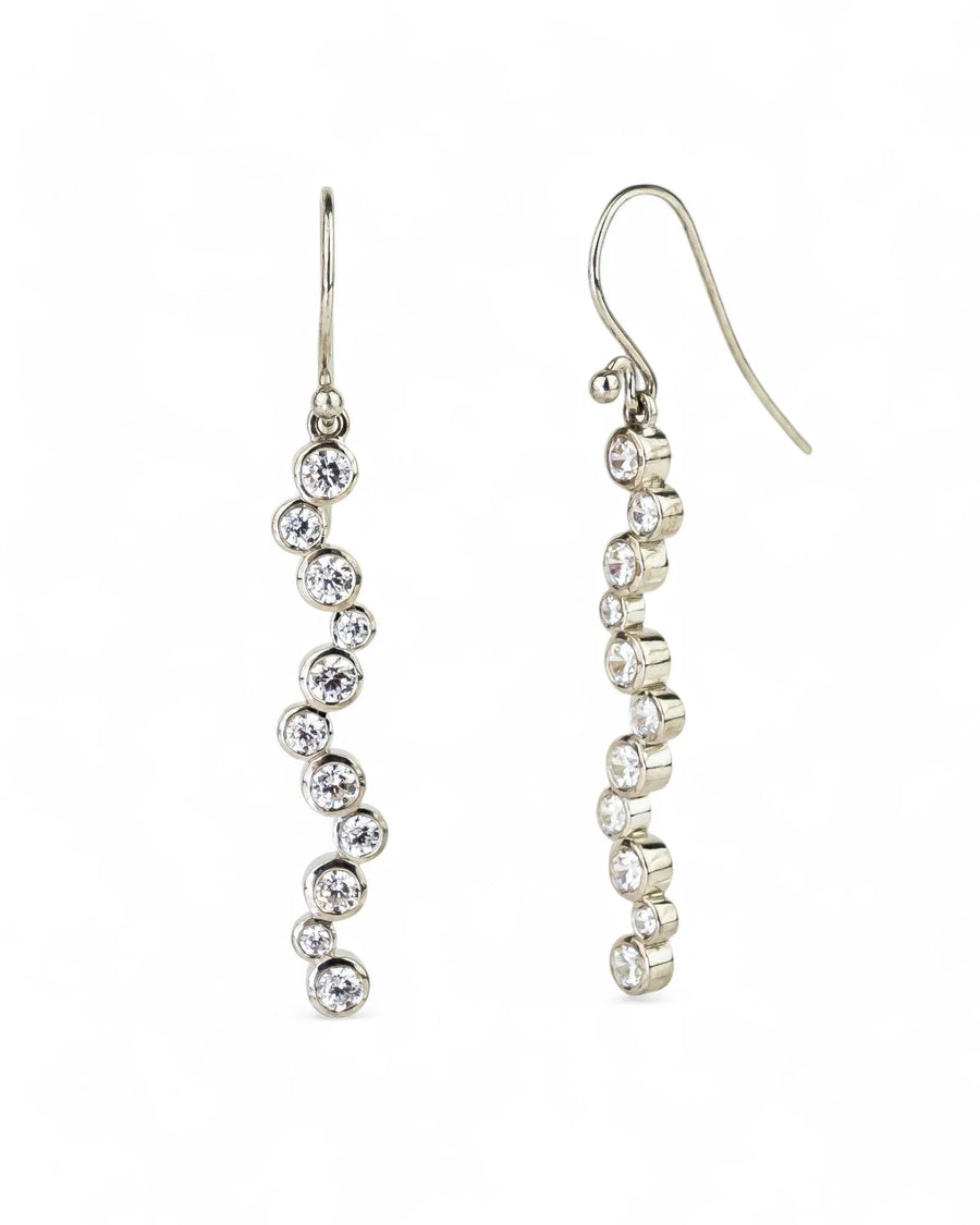 9ct white gold long drop earrings with natural diamonds in a bubble design.