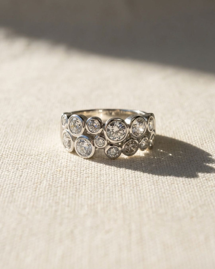 9ct white gold eternity ring with bezel-set diamonds in a bubble design.